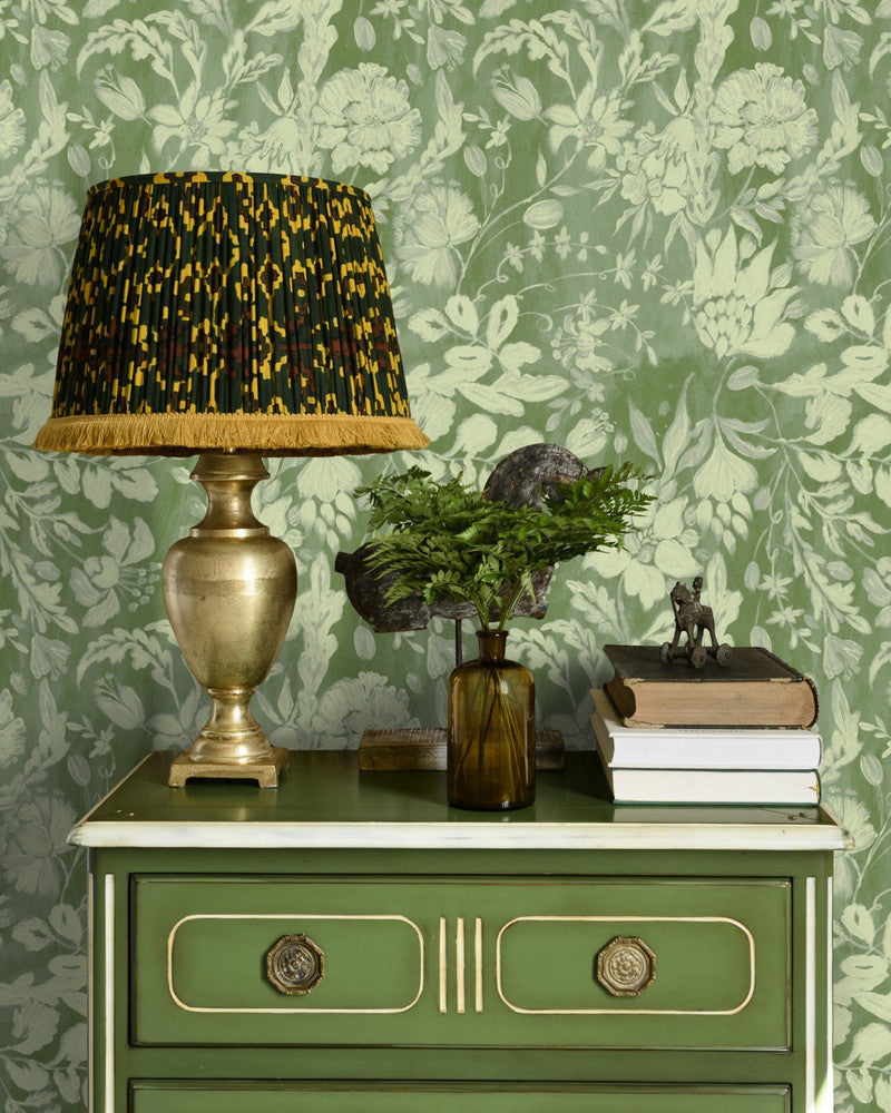 Flowery Ornament Bud Green Wallpaper by Mind the Gap Designer Wallpaper TRANSYLVANIAN ROOTS Satin Matte Made in Europe Paste the wall 1 roll x 20.5 x 10.9 yards - Swanky Fabrics -