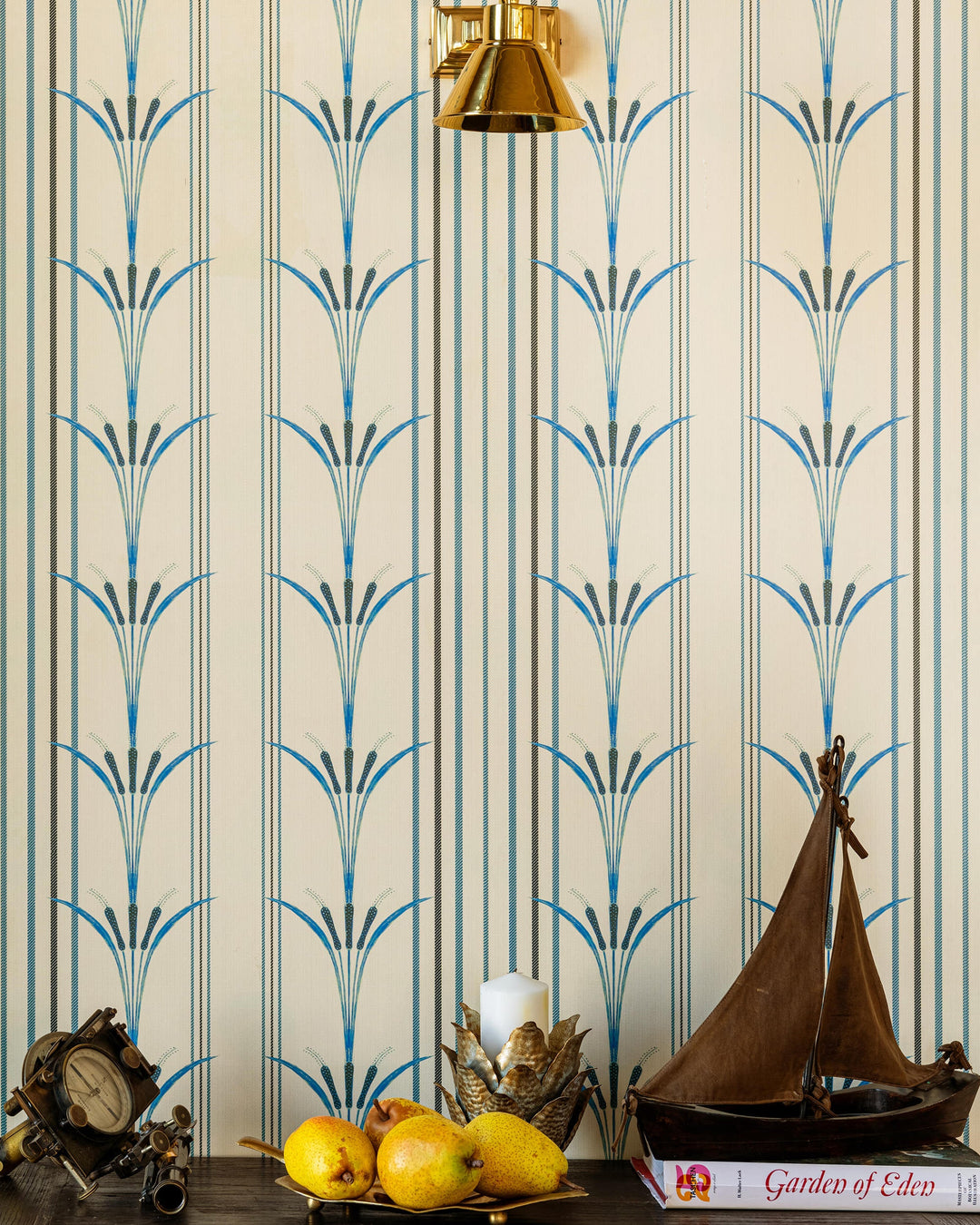 DANUBE STRIPE Blue Wallpaper (WP30156) by Mind The Gap | WP30156 | THE WETLANDS | 1 roll x 52 x 1000 cm / 20.5x393.7 in | 0.52m / 20.5in | 10m / 393.7in | 5.20sqm / 55.9sq ft | 52cm / 20.5in | Taupe, Black, Blue | Non-woven Satin | Paste the wall | 1 roll in a box | Fabric Carolina | https://www.fabriccarolina.com/