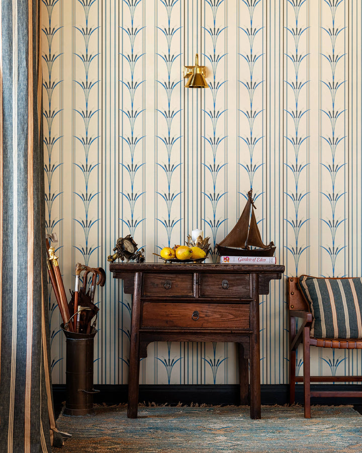DANUBE STRIPE Blue Wallpaper (WP30156) by Mind The Gap | WP30156 | THE WETLANDS | 1 roll x 52 x 1000 cm / 20.5x393.7 in | 0.52m / 20.5in | 10m / 393.7in | 5.20sqm / 55.9sq ft | 52cm / 20.5in | Taupe, Black, Blue | Non-woven Satin | Paste the wall | 1 roll in a box | Fabric Carolina | https://www.fabriccarolina.com/