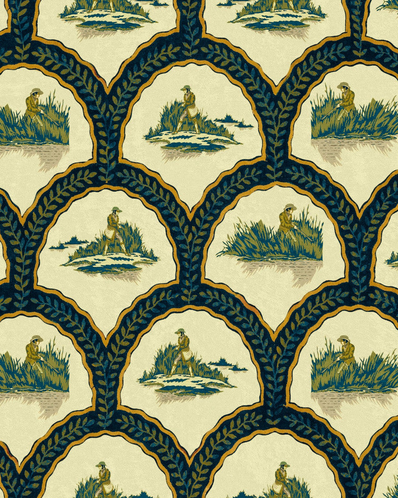 THE HUNTER Pale Green Wallpaper (WP30159) by Mind The Gap | WP30159 | THE WETLANDS | 1 roll x 20.47 x 354.33 in | 0.52m / 20.5in | 9m / 354in | 4.68mp | 52cm / 20.5in | Beige, Blue, Green, Orange | Non-woven | Paste the wall | 1-roll in a box | Fabric Carolina | https://www.fabriccarolina.com/