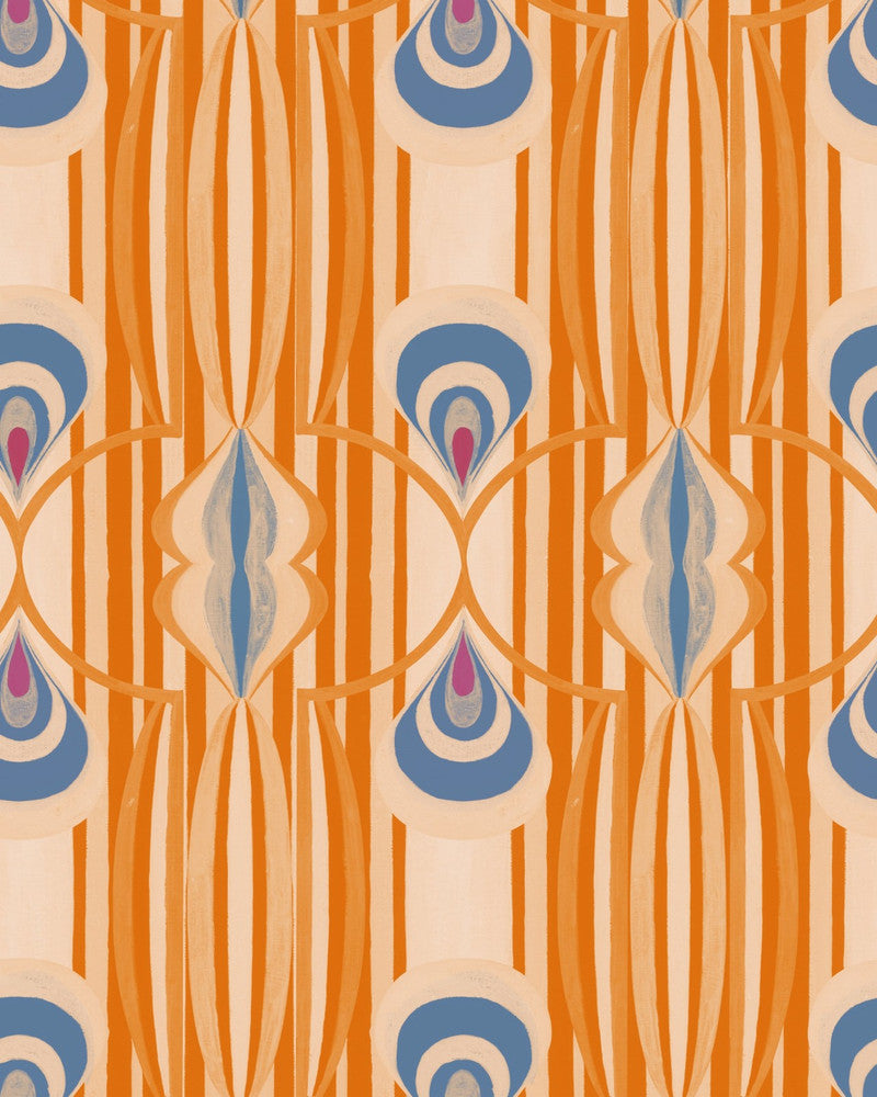 CARAMELLA Orangina Wallpaper (WP30186) by Mind The Gap | WP30186 | LA DOLCE VITA | 1 roll x 20.5 x 393.7 in | 0.52m / 20.5in | 10m / 393.7in | 4.68mp | 80cm / 31.4in | Blue, Orange, Taupe | Satin Matte | Paste the wall | 1-roll in a box | Fabric Carolina | https://www.fabriccarolina.com/