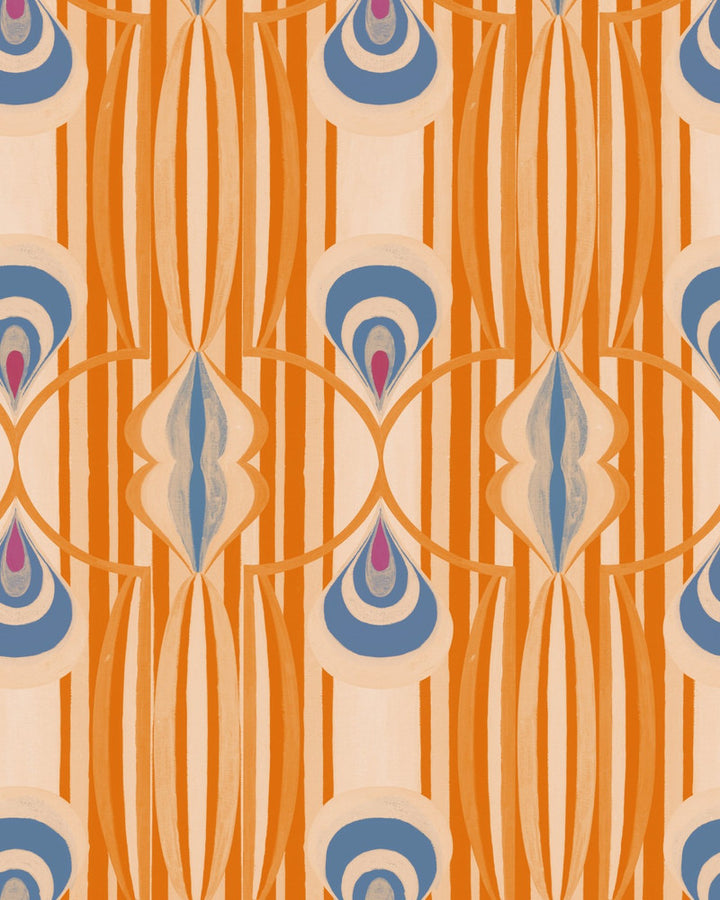 CARAMELLA Orangina Wallpaper (WP30186) by Mind The Gap | WP30186 | LA DOLCE VITA | 1 roll x 20.5 x 393.7 in | 0.52m / 20.5in | 10m / 393.7in | 4.68mp | 80cm / 31.4in | Blue, Orange, Taupe | Satin Matte | Paste the wall | 1-roll in a box | Fabric Carolina | https://www.fabriccarolina.com/