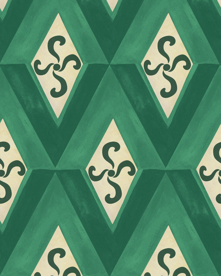 GIRANDOLA Emerald Wallpaper (WP30195) by Mind The Gap | WP30195 | LA DOLCE VITA | 1 roll x 20.5 x 393.7 in | 0.52m / 20.5in | 10m / 393.7in | 4.68mp | 50cm / 19.6in | Green, Taupe | Satin Matte | Paste the wall | 1-roll in a box | Fabric Carolina | https://www.fabriccarolina.com/