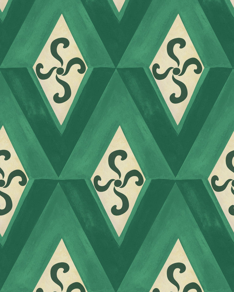 GIRANDOLA Emerald Wallpaper (WP30195) by Mind The Gap | WP30195 | LA DOLCE VITA | 1 roll x 20.5 x 393.7 in | 0.52m / 20.5in | 10m / 393.7in | 4.68mp | 50cm / 19.6in | Green, Taupe | Satin Matte | Paste the wall | 1-roll in a box | Fabric Carolina | https://www.fabriccarolina.com/