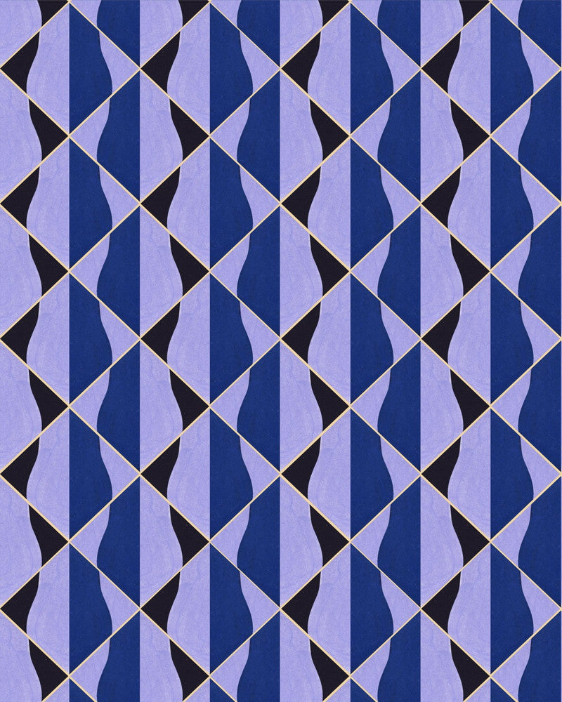 ONDE Blu Wallpaper (WP30202) by Mind The Gap | WP30202 | LA DOLCE VITA | 1 roll x 20.5 x 393.7 in | 0.52m / 20.5in | 10m / 393.7in | 4.68mp | 50cm / 19.6in | Black, Blue, Purple | Satin Matte | Paste the wall | 1-roll in a box | Fabric Carolina | https://www.fabriccarolina.com/