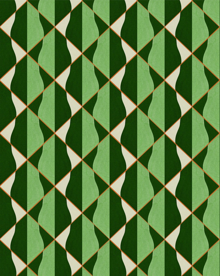 ONDE Verde Wallpaper (WP30203) by Mind The Gap | WP30203 | LA DOLCE VITA | 1 roll x 20.5 x 393.7 in | 0.52m / 20.5in | 10m / 393.7in | 4.68mp | 50cm / 19.6in | Green, Orange, Taupe | Satin Matte | Paste the wall | 1-roll in a box | Fabric Carolina | https://www.fabriccarolina.com/