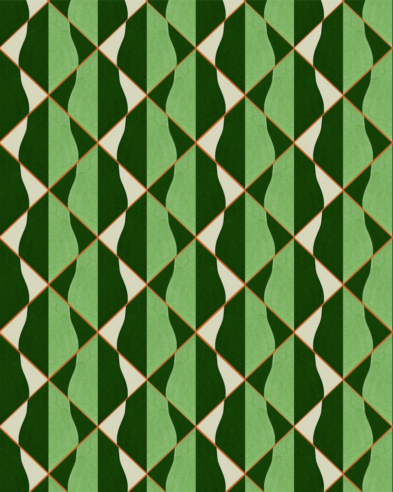 ONDE Verde Wallpaper (WP30203) by Mind The Gap | WP30203 | LA DOLCE VITA | 1 roll x 20.5 x 393.7 in | 0.52m / 20.5in | 10m / 393.7in | 4.68mp | 50cm / 19.6in | Green, Orange, Taupe | Satin Matte | Paste the wall | 1-roll in a box | Fabric Carolina | https://www.fabriccarolina.com/