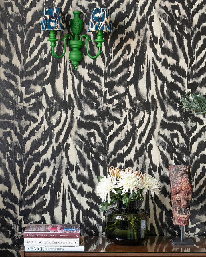 ZEBRATO Blu Wallpaper (WP30210) by Mind The Gap | WP30210 | LA DOLCE VITA | 1 roll x 52 x 1000 cm / 20.5 x 393.7in | 0.52m / 20.5in | 10m / 393.7in | 5.20sqm / 55.9sq ft | 80cm / 31.4in | Taupe, Black, Blue | Non-woven Satin | Paste the wall | 1-roll in a box | Fabric Carolina | https://www.fabriccarolina.com/