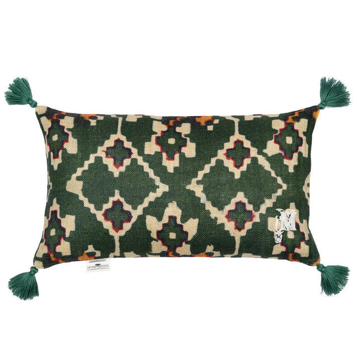 Zold Linen Cushion by Mind the Gap Designer Pillow TRANSYLVANIAN ROOTS 100% Linen Made in Romania Green tassels 20 x 12 in - Swanky Fabrics -